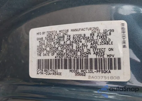 2000 Toyota Sienna Le/Xle z USA, uszkodzony, nr VIN 4T3ZF13C2YU215548